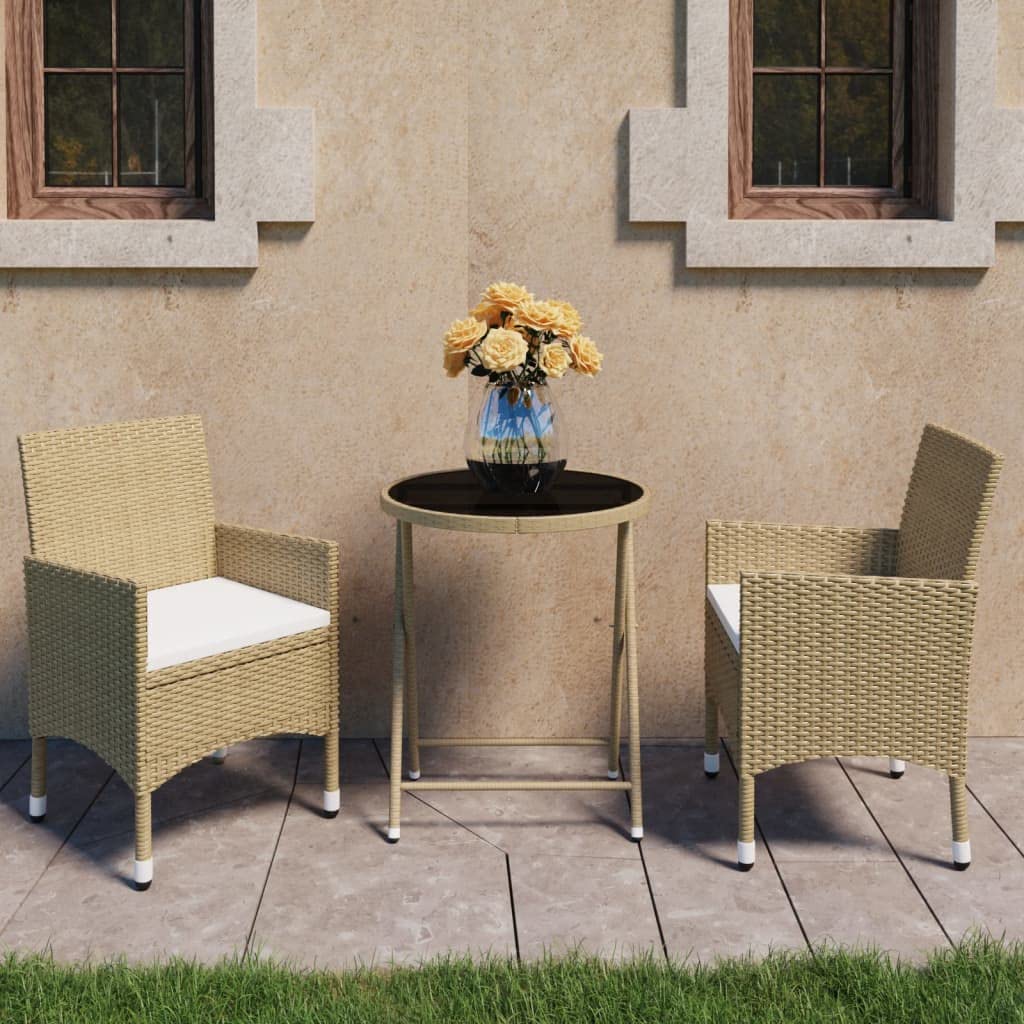 vidaXL Patio Bistro Set 3 Piece Garden Outdoor Lawn Yard Terrace Balcony Table and Chair Seat Seating Furniture Poly Rattan and Tempered Glass Beige
