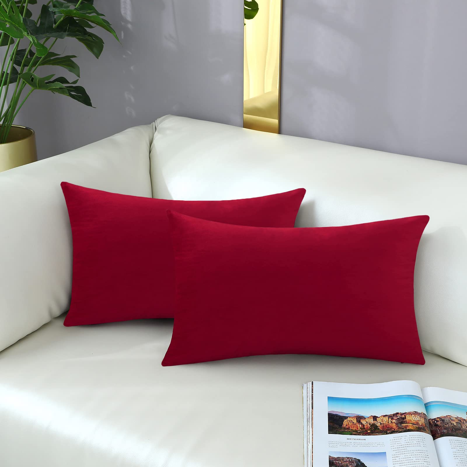 Mixeoo Comfy Christmas Red Throw Pillow Covers Decorative Rectangle Solid Thick Velvet Super Soft Cushion Cases Home Decor For S