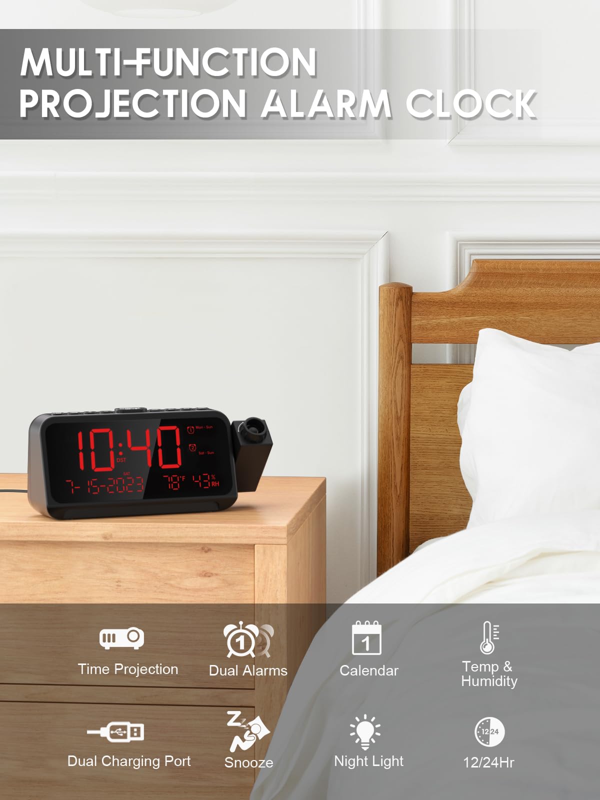 ROCAM 180° Projection Clock, Digital Alarm Clock with USB Ports, 5-Level Dimmer, Snooze, Date & Temp, Red, 7.87x2.36x3.