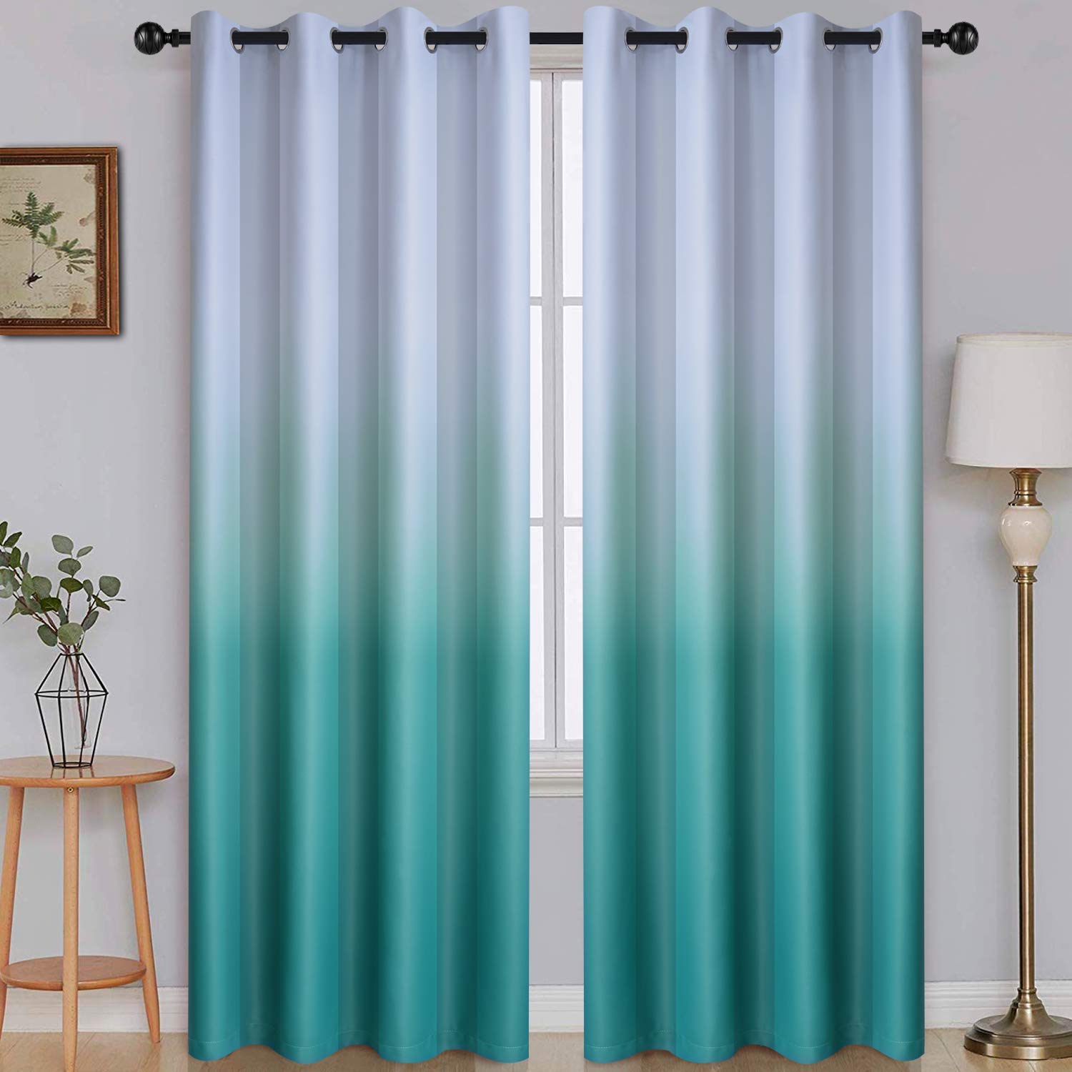 Simplehome Ombre Room Darkening Curtains For Bedroom, Light Blocking Gradient Grey White To Teal Thermal Insulated Grommet Windo