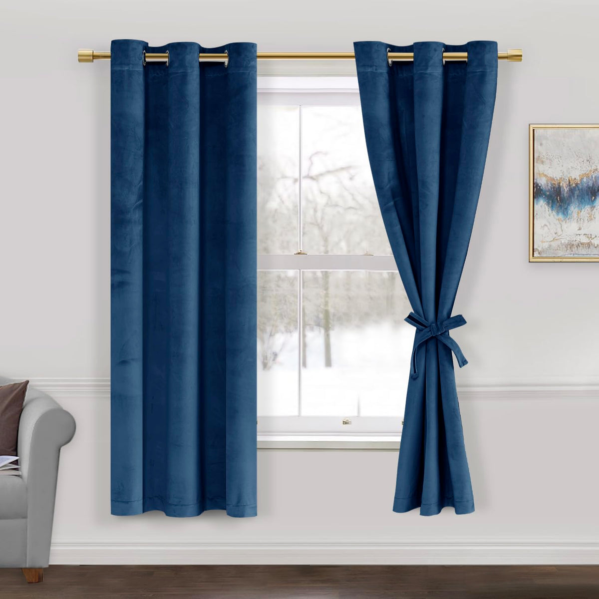 Jiuzhen Navy Velvet Curtains 63 Inches Blackout Curtains For Living Room - Privacy Protect Room Darkening Grommet Thick Velvet W