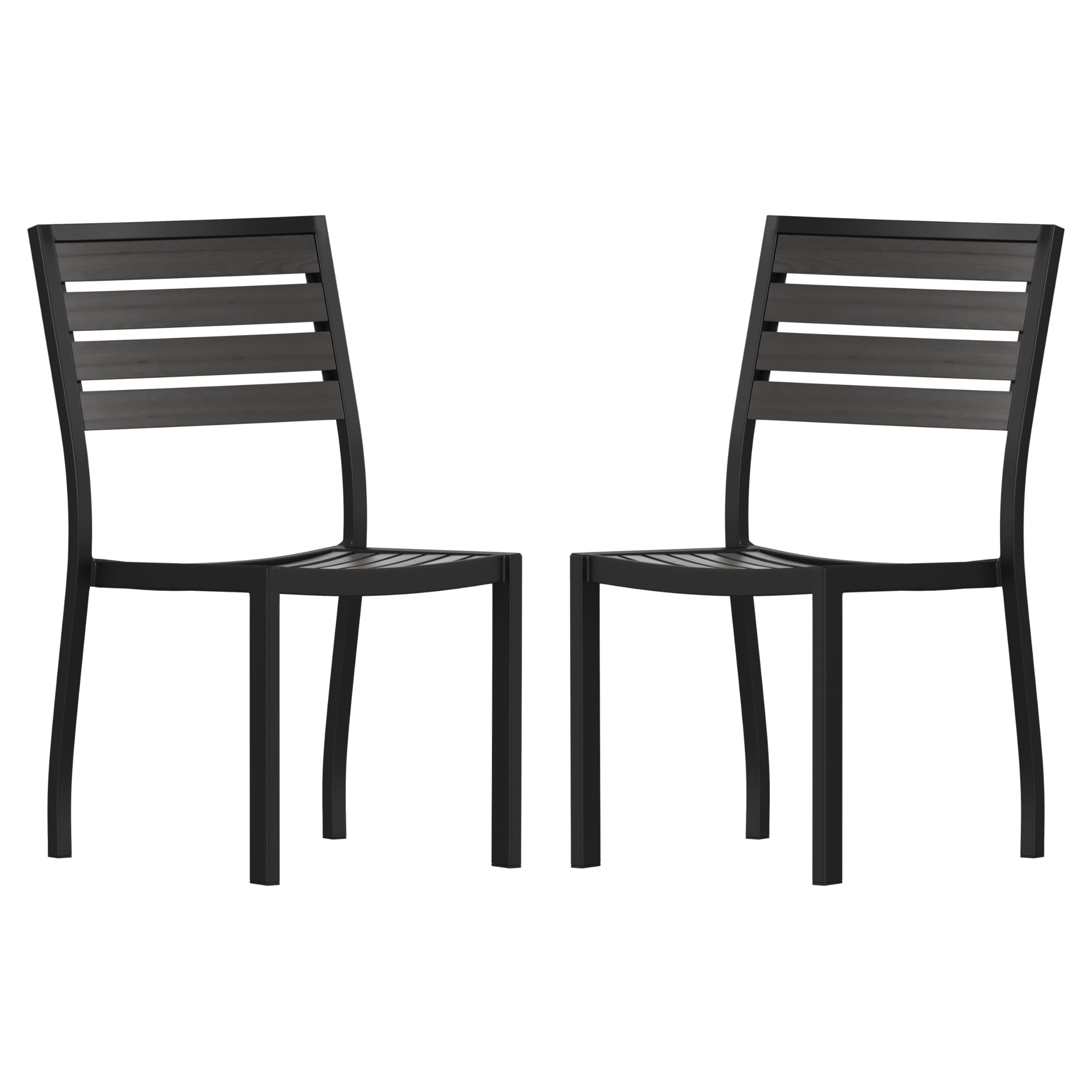 Outdoor Stackable Side Chair with Gray Wash Faux Teak Poly Slats, Set of 2