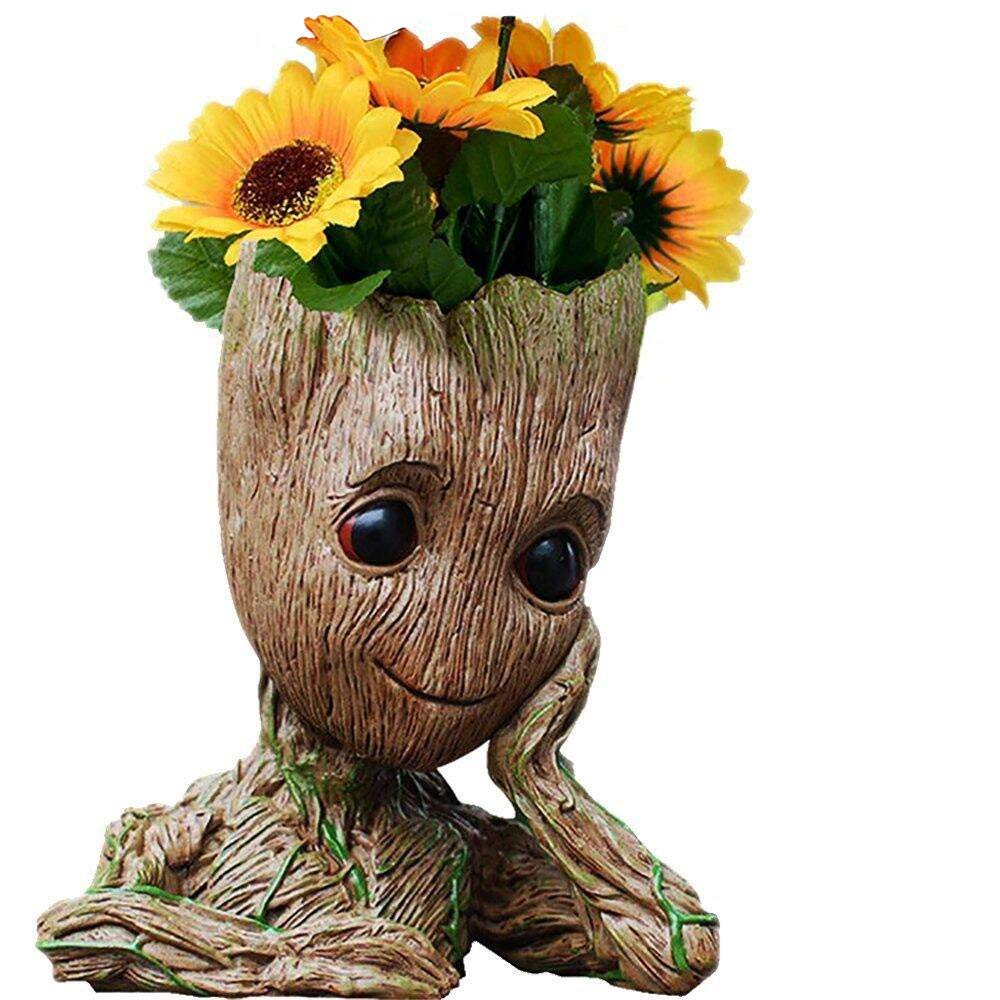 Zusonud Baby Groot Pen Pot Tree Man Pens Holder Or Flower Pot With Drainage Hole Perfect For A Tiny Succulents Plants 6' (Grayi