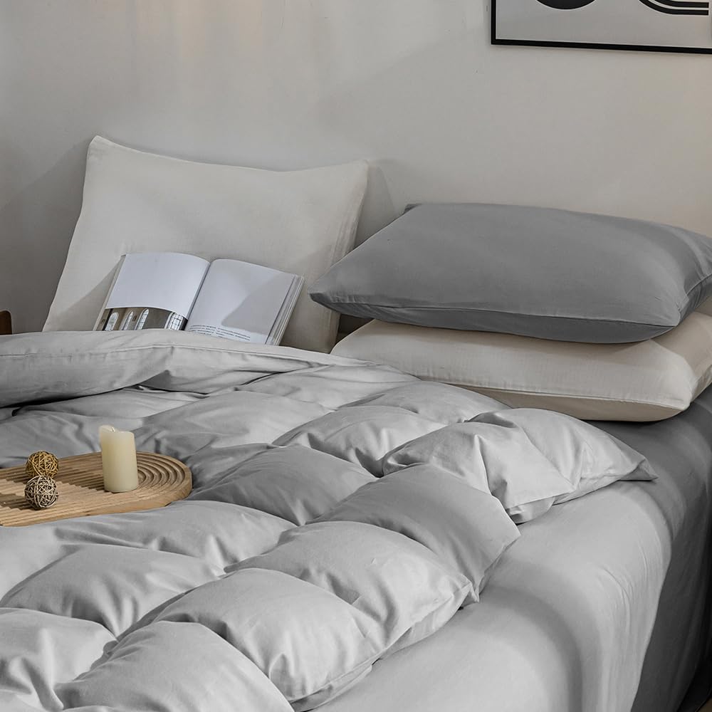 Jellymoni Light Gray Duvet Cover King Size - 100% Washed Cotton Linen Feel Textured Comforter Cover, 3 Pieces Lightweight Soft B