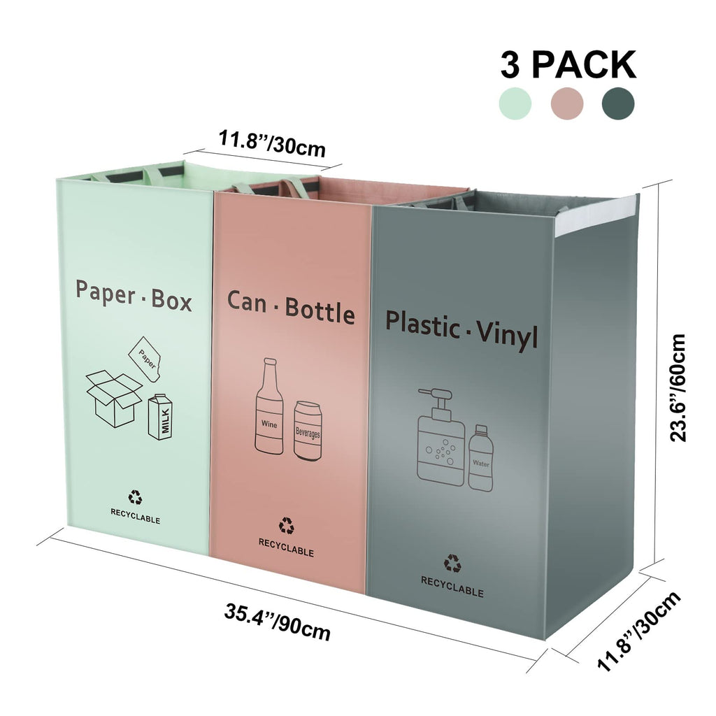 Jialai Home Separate Recycling Waste Bin Bags For Kitchen Home - 42 Gallon Recycling Bins (Pink, Green, Gray) Waste Trash Sortin