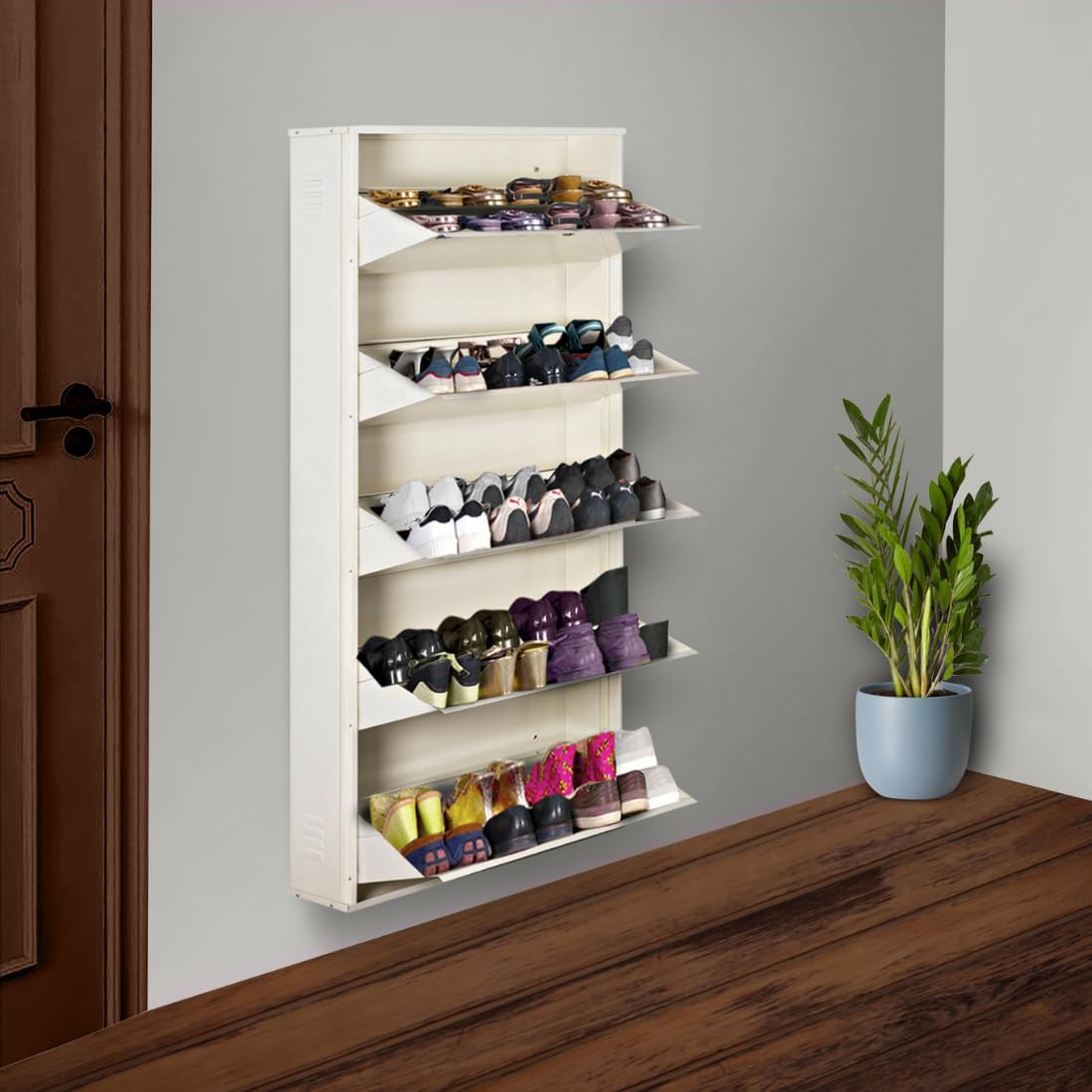 Delite Kom 29 Wide, 10 Shelf Metal Shoe Rack Wall Mounted For Home With Central Lock | Holds Upto 36 Shoes Or 60 Slippers Pair 