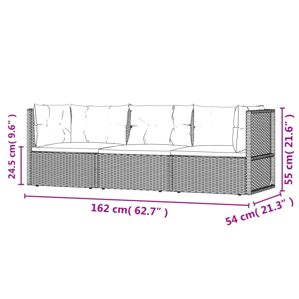 vidaXL 3 Piece Patio Lounge Set – Black Poly Rattan Furniture, includes Adjustable Corner Sofa, Middle Sofa, Seat Cushions and Back Cushions, Weather Resistant, Easy Assembly Needed.