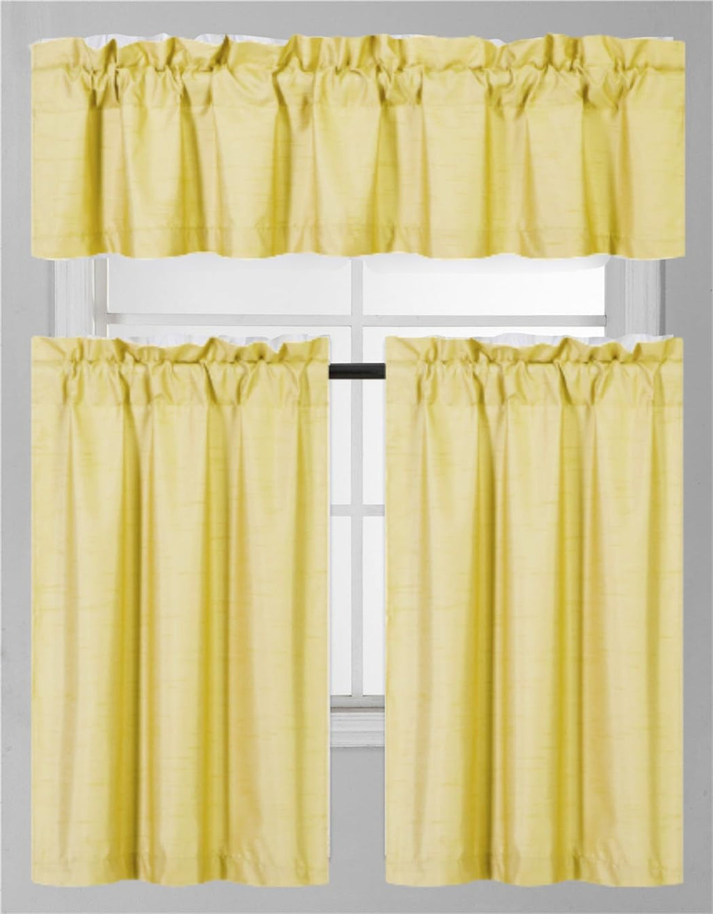 3Pc Set Solid Faux Silk Lined Blackout Rod Pocket Small Kitchen Window Curtain With Valance (K3) (Yellow)