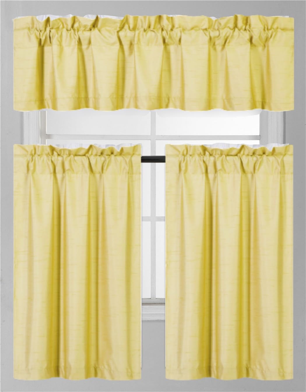 3Pc Set Solid Faux Silk Lined Blackout Rod Pocket Small Kitchen Window Curtain With Valance (K3) (Yellow)