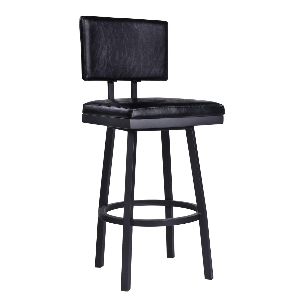 HomeRoots Vintage Black Faux Leather Metal, Faux Leather 26' Vintage Black on Black Faux Leather Rectangular Swivel Armless Bar Stool