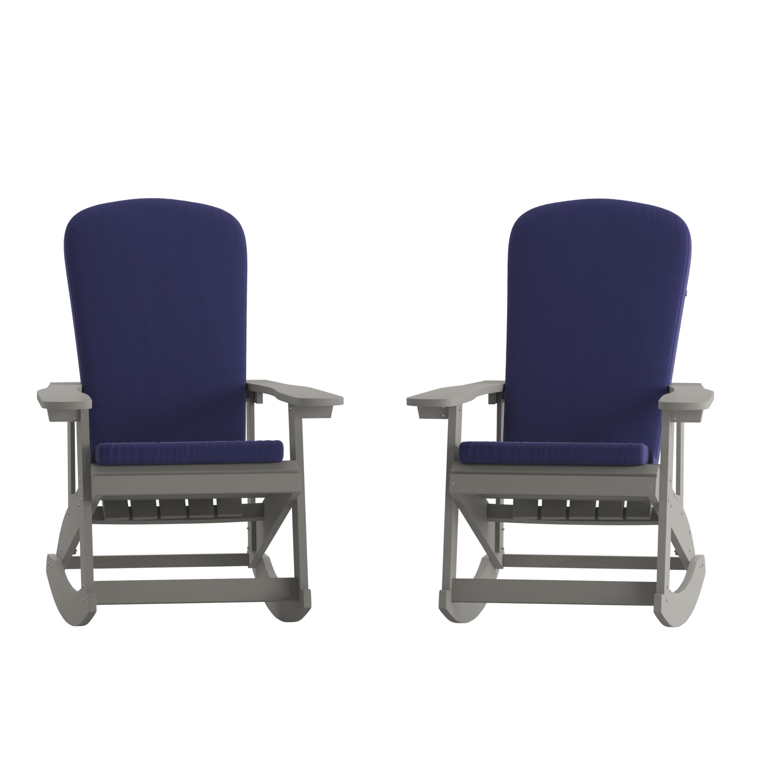 Set of 2 Adirondack Rocking Chairs in Gray with Blue Cushions, Porch, and Patio