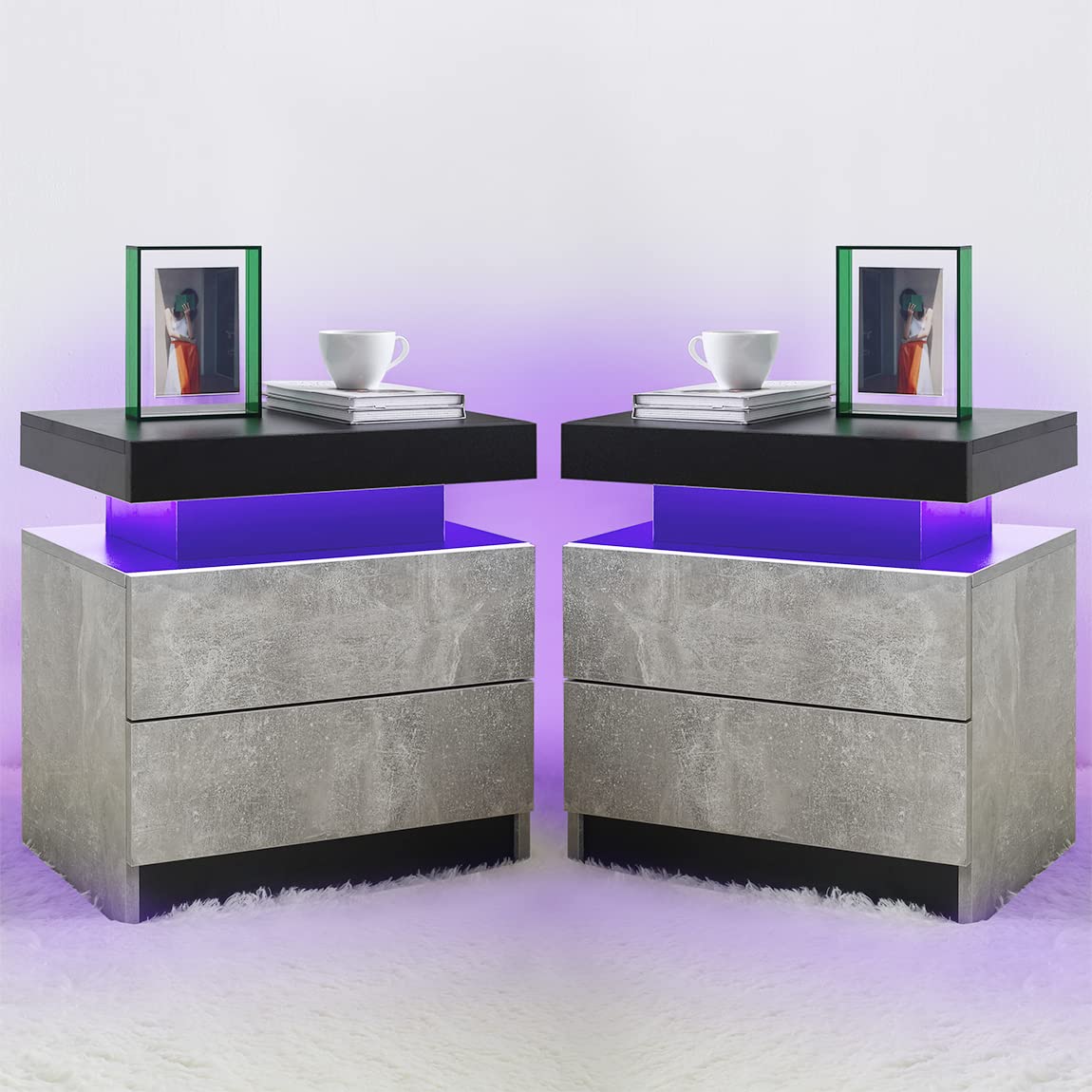 I-Aplus Nightstand Set Of 2 Led Nightstand With 2 Drawers, Bedside Table With Drawers For Bedroom Furniture, Side Bed Table With Led Light, Grey