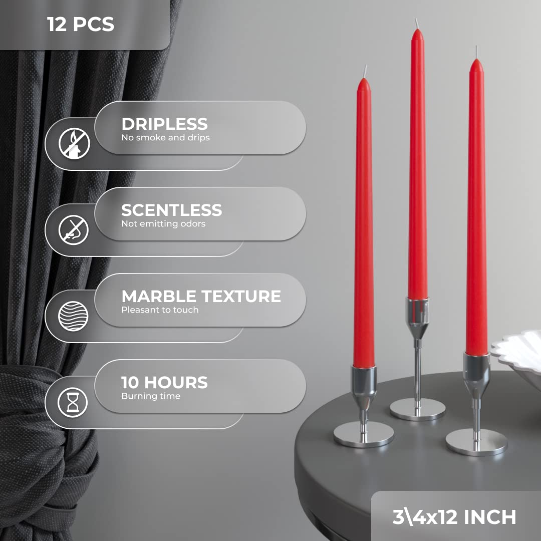 Candwax 12 Inch Taper Candles Set Of 12 - Dripless And Smokeless Candle Unscented - Slow Burning Candle Sticks - Red Candles