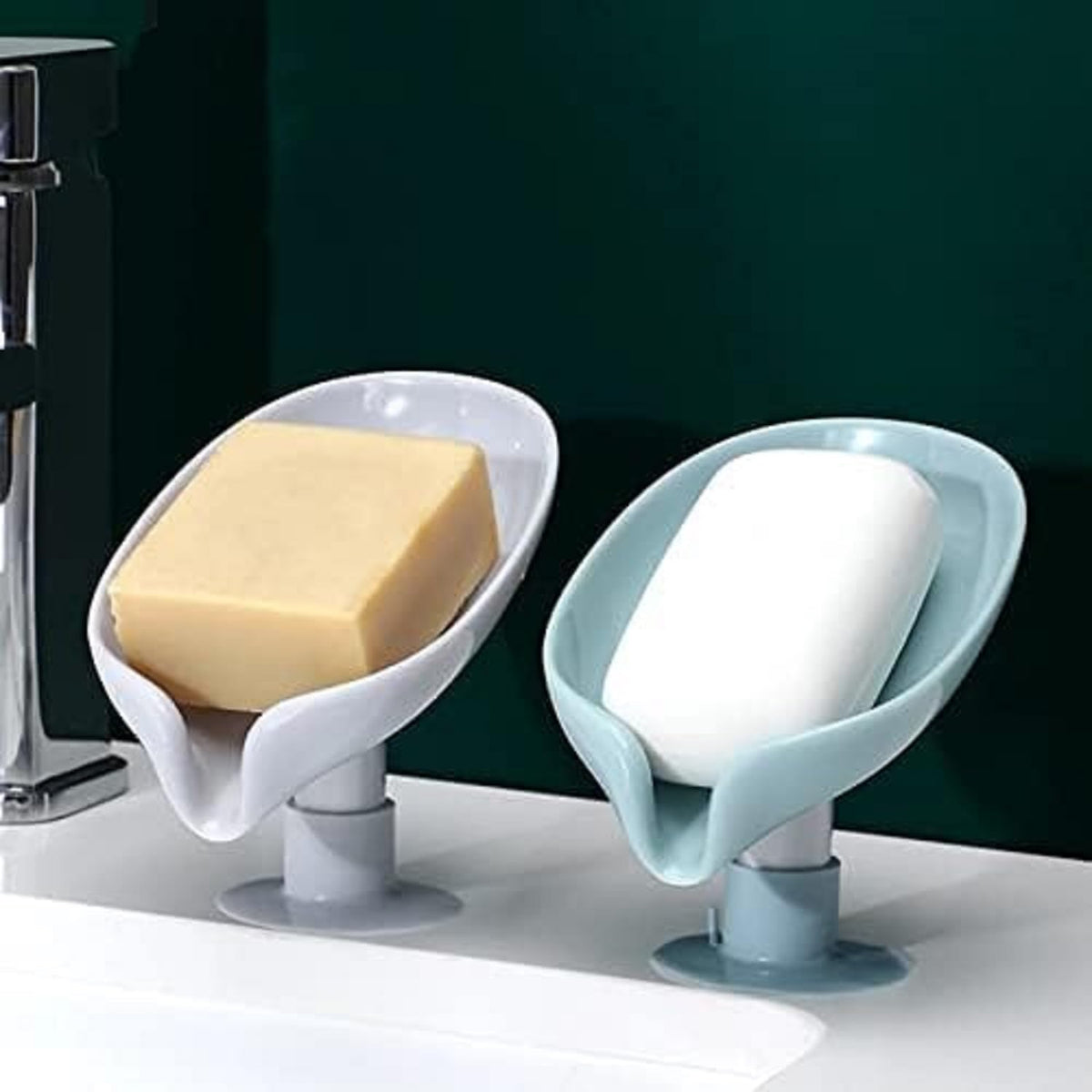 LeafShape Self Draining Soap Dish Holder with Suction Cup, Easy Clean Soap Tray for Bathroom, Kitchen, Bathtub & Wash Basin Use