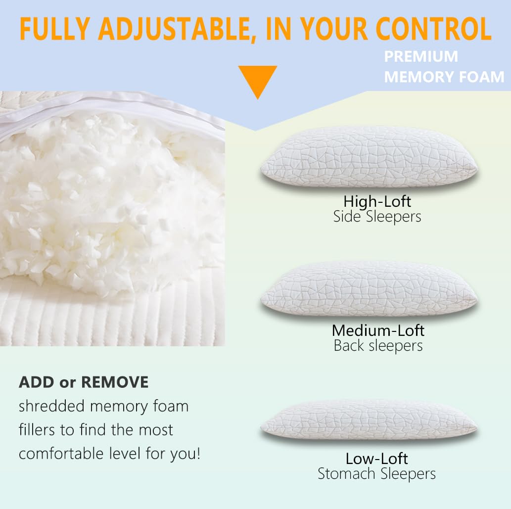 RGTIME King Size Shredded Memory Foam Pillows - Adjustable, Cooling, 2-Pack for Side, Back & Stomach Sleepers, Washable Cover, White