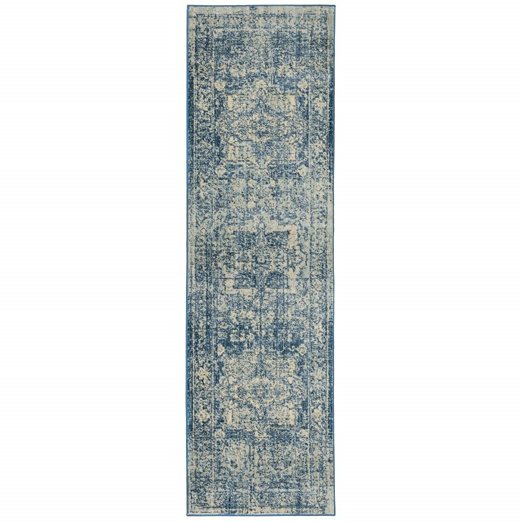 HomeRoots Polypropylene 2’x8’ Ivory and Blue Oriental Runner Rug