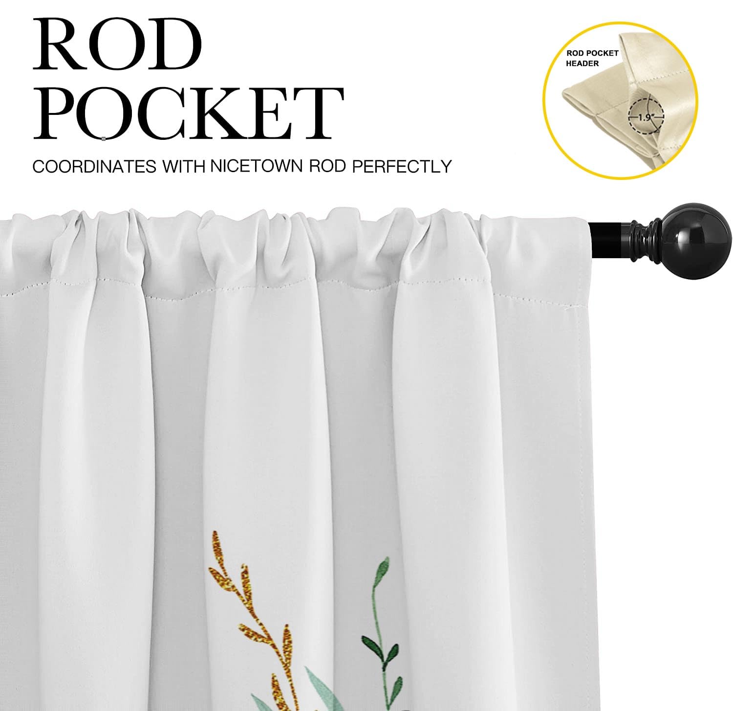 Emvency 2 Pack Valances Window Treatments, Green Eucalyptus Leaves Golden Leaf Blackout Drapes Adjustable Curtain Valances For W