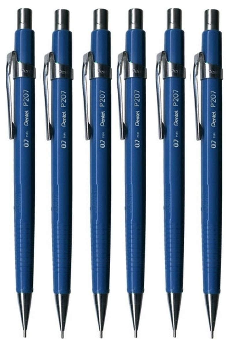 Pentel 0.7Mm (P207-C) Blue P200 Series Automatic Mechanical Drafting Pencil Refillable Lead Eraser (Pack Of 6)