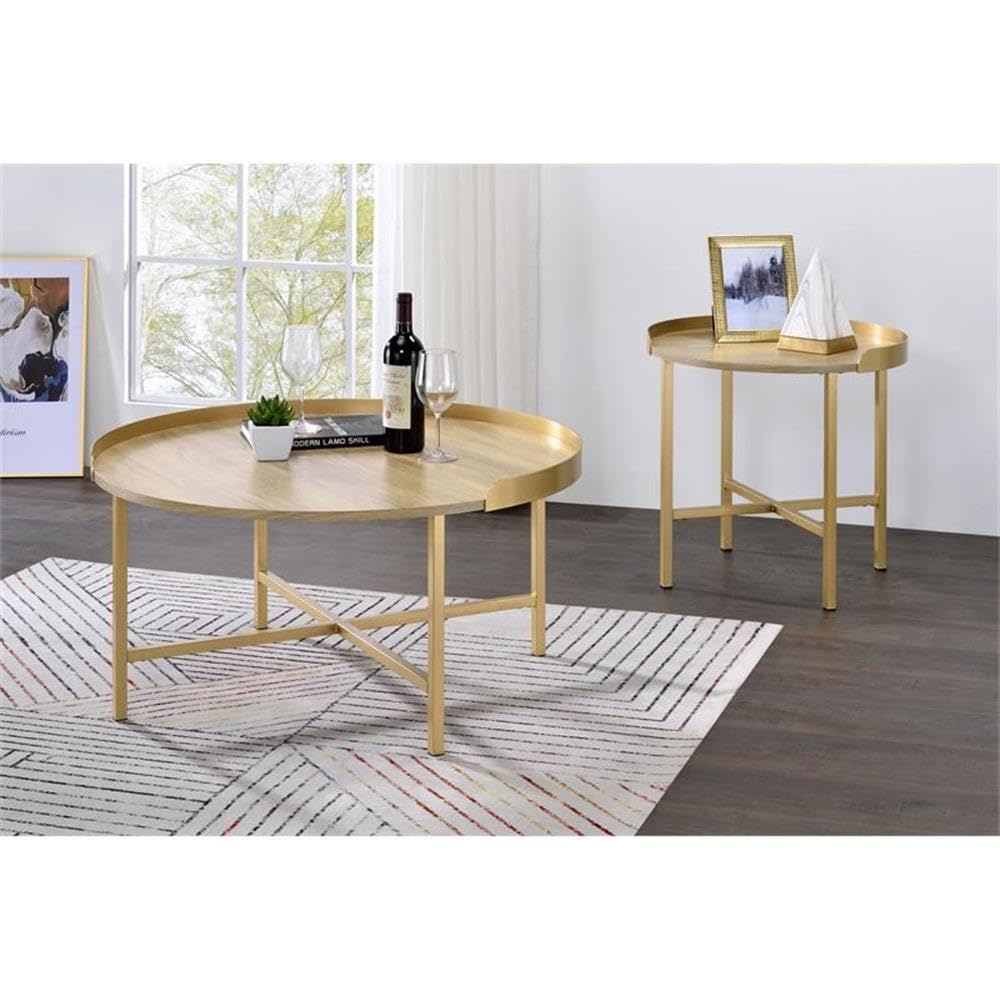 Acme Mithea Round Wooden Top End Table with Cross Bar Base in Oak and Gold