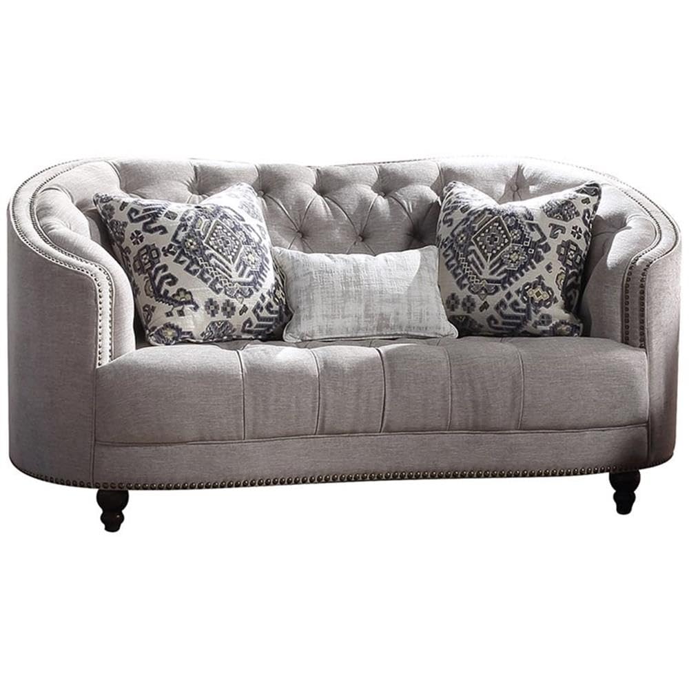Acme Saira Button Tufted Loveseat With 3 Pillows In Light Gray Fabric