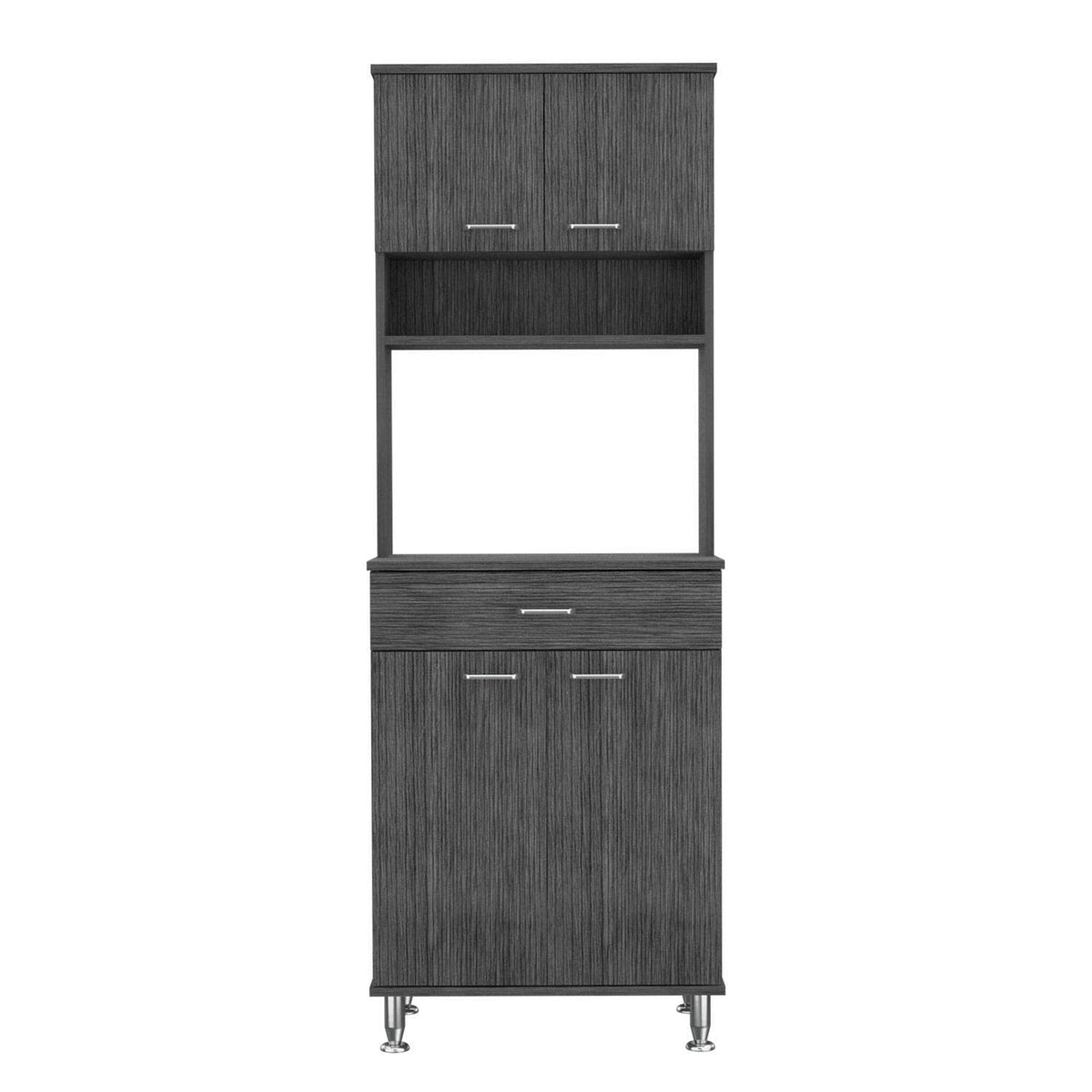 Pantry Cabinet 67&quot; H, 4 Doors, 1 Drawer, 3 Internal Shelves, 2 External Storage Shelves, Microwave Storage Option, 4 Legs, Smokey Oak