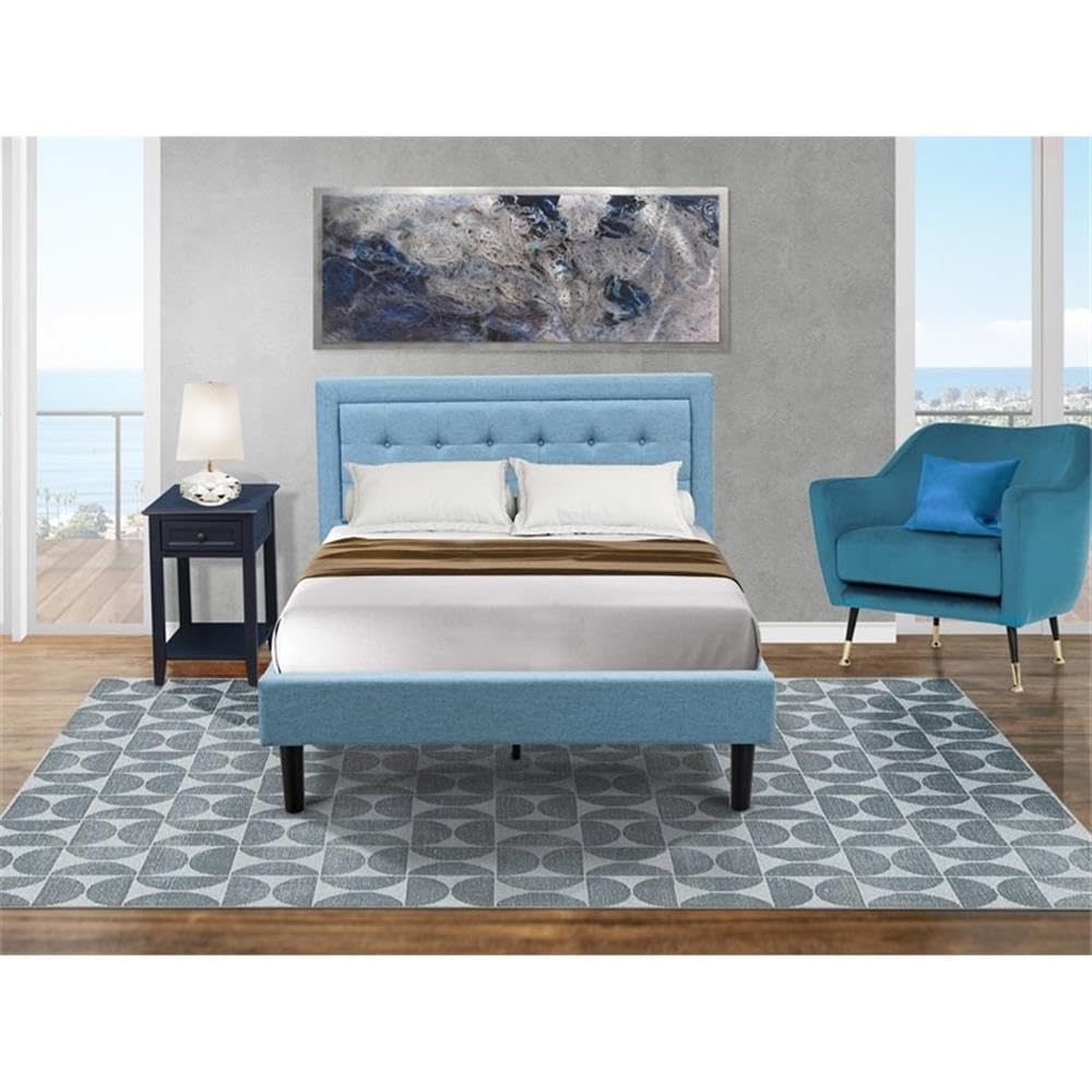 East West Furniture FN11F-1DE15 2-Pc Fannin Full Size Bed Set with 1 Full Bed and an End Table for Bedroom - Reliable and Sturdy Manufacturing - Denim Blue Linen Fabric
