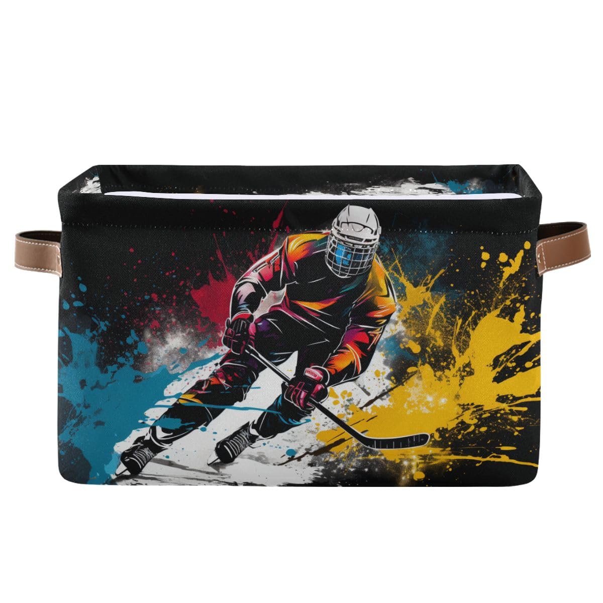 Storage Basket Watercolor Hockey Player Canvas Collapsible Box Organizer Bin with Handles for Shelf Closet Bedroom Home Office