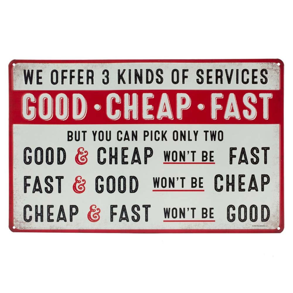 Good Cheap Fast Services Embossed Metal Sign - Funny Vintage Garage Sign - Great Gift Idea