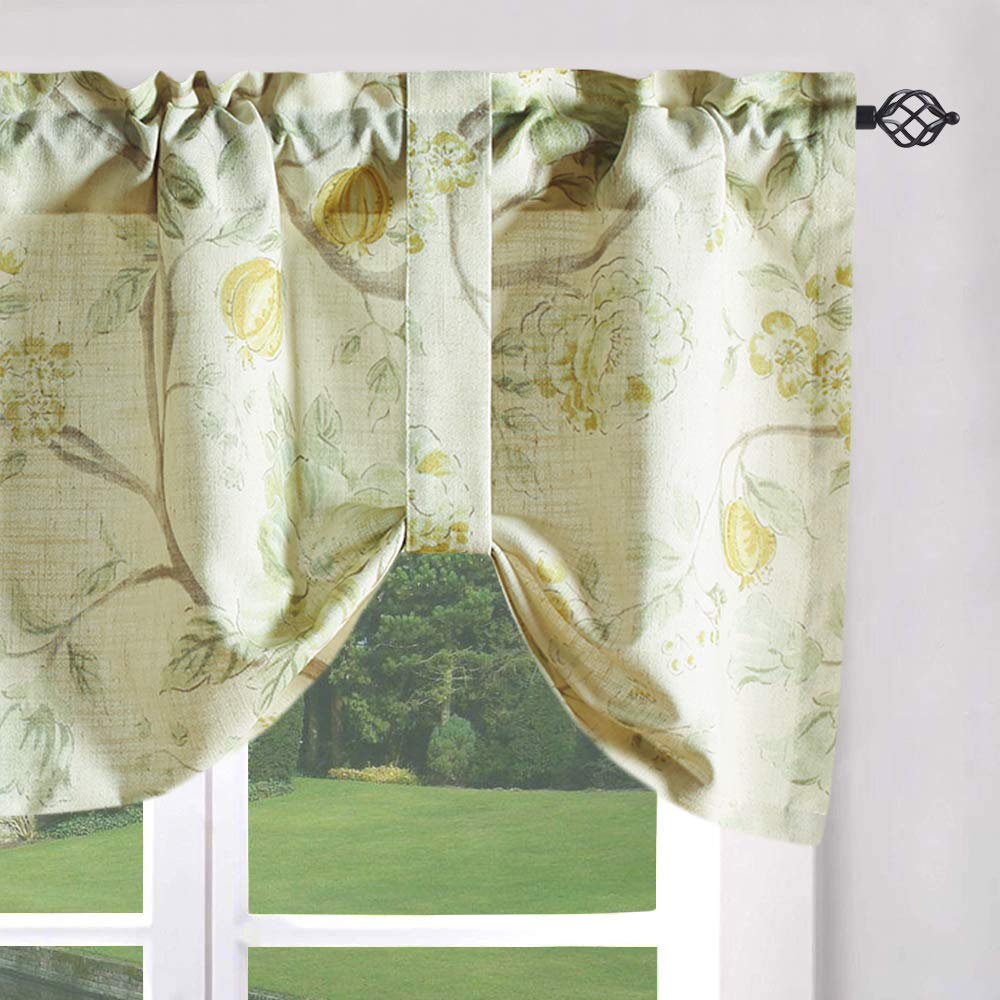Leeva Floral Print Tie-Up Curtains Valances For Kitchen Windows, Rod Pocket Linen Rod Pocket Textured Small Curtain For Bathroom