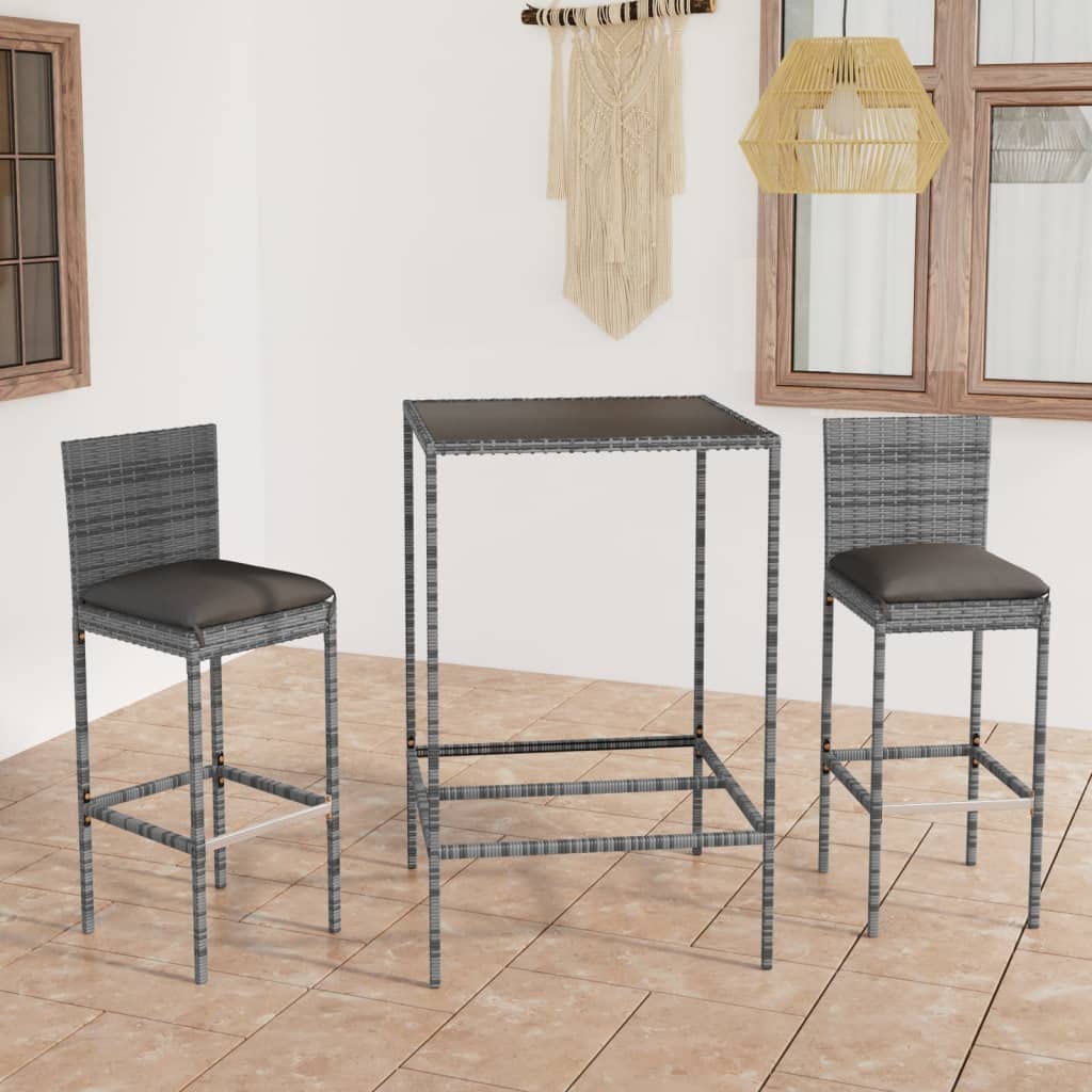 vidaXL Patio Bar Set 3 Piece, Bar Stool for Outdoor Garden Backyard, Bistro Set with Cushions, Bar Table, Farmhouse Modern Style, Poly Rattan Gray