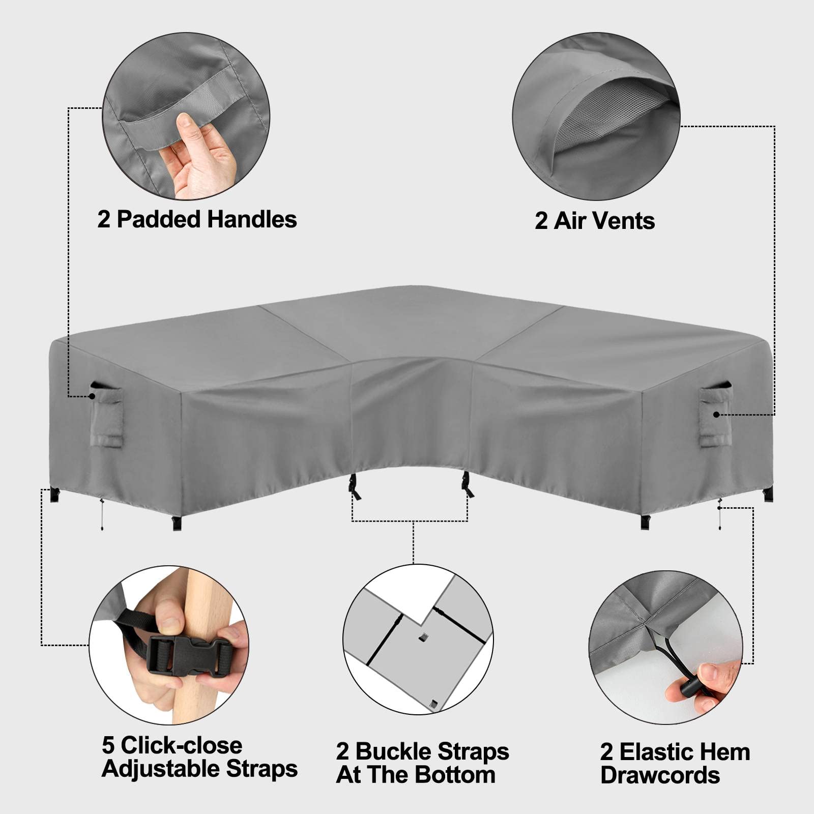 Purefit Outdoor Sectional Sofa Cover Waterproof V Shaped Patio Furniture Covers For Deck, Lawn And Backyard, 89”X89”, Gray
