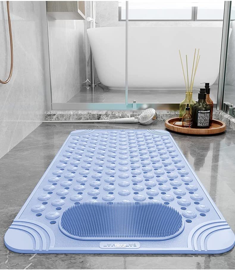 BIRZAR Non Anti Slip Vinyl Silicon PVC Rubber Bath Mat with Foot Massager Scrubber Drain Holes and Suction Cup (69 x 36 Cm, Ligh