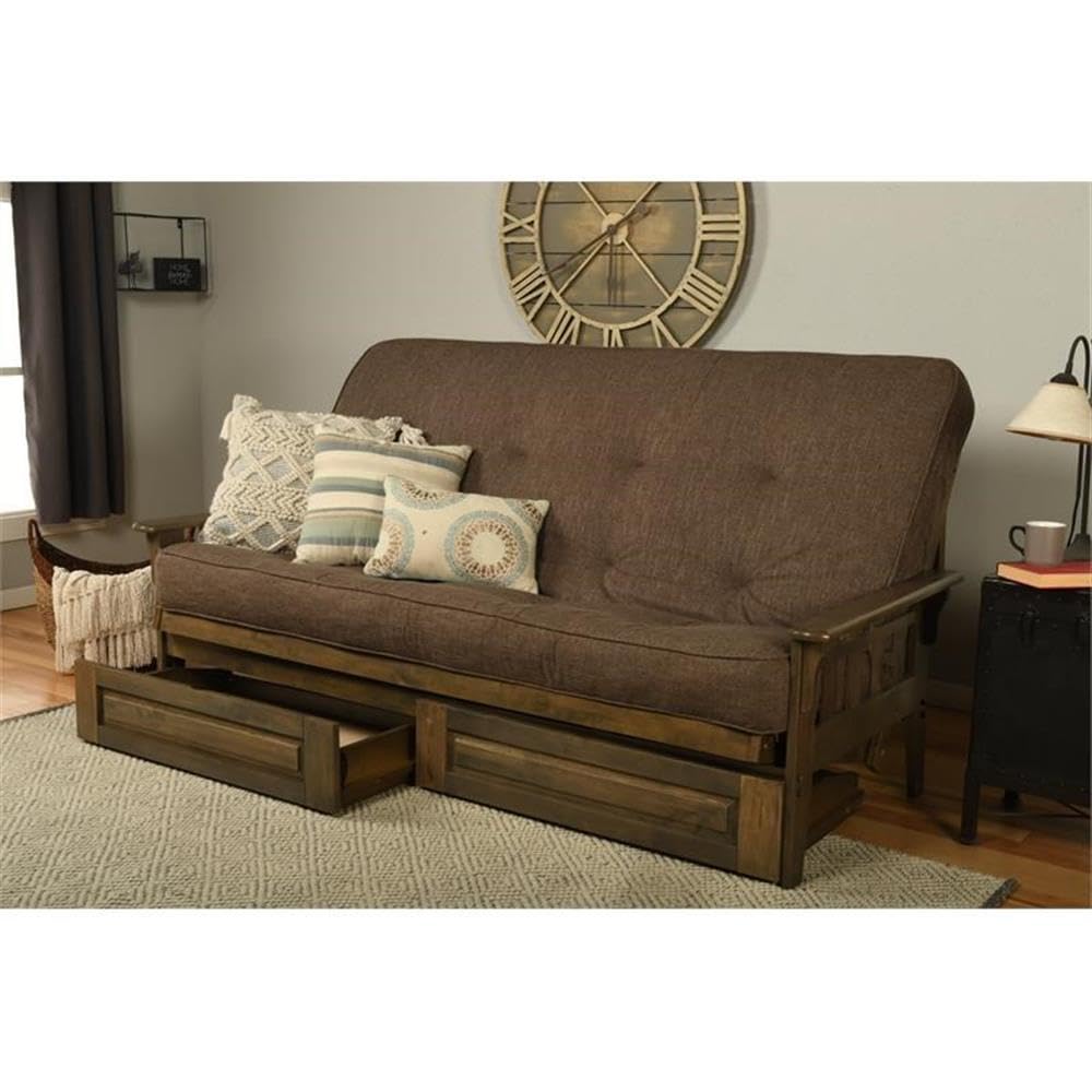 Kodiak Tucson Queen Futon Frame with Storage Drawers - Wood Futon Set with Mattress Included in Suede Fabric Mattress (Black/Walnut)