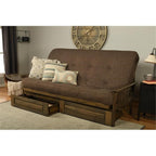 Kodiak Tucson Queen Futon Frame with Storage Drawers - Wood Futon Set with Mattress Included in Suede Fabric Mattress (Black/Walnut)