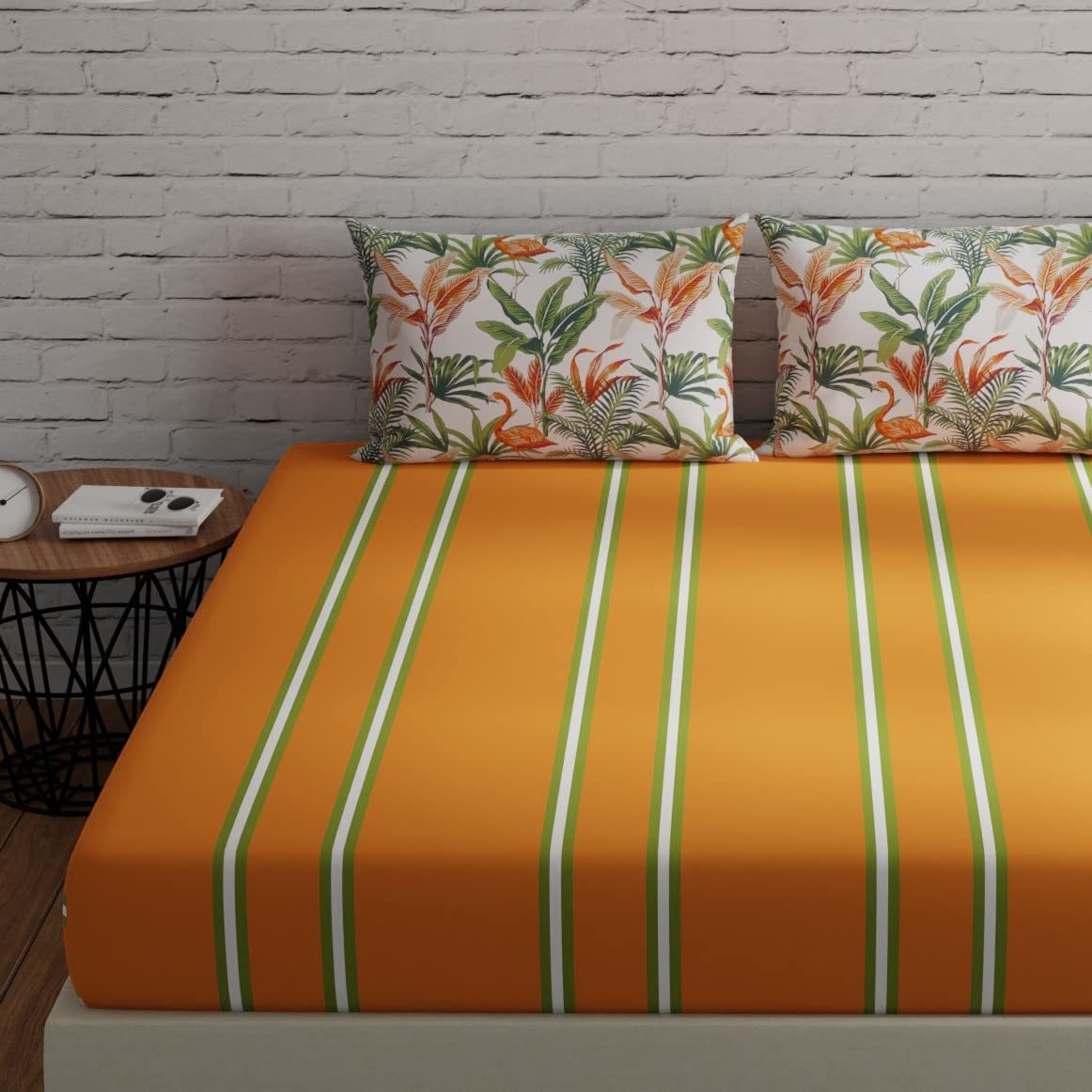 Huesland By Ahmedabad Cotton 144 Tc King Size Bed Sheet Cotton With 2 Pillow Covers | 108 X 108 Inches | Stripes & Flamingos Ora