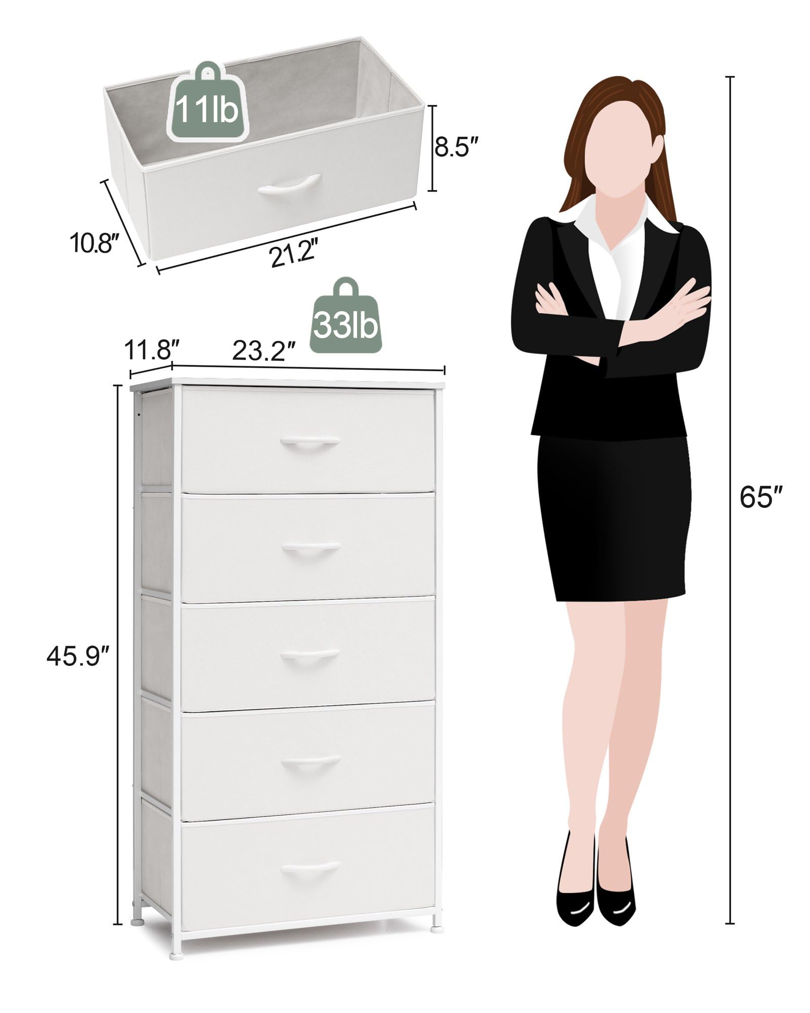 Crestlive Products Tall Dresser For Bedroom Vertical Storage Tower - Wide Fabric Dresser & Chests Of Drawers For Closet, Hallway, Entryway W/Wood Top, Easy Pull Fabric Bins - 5 Drawers(White)