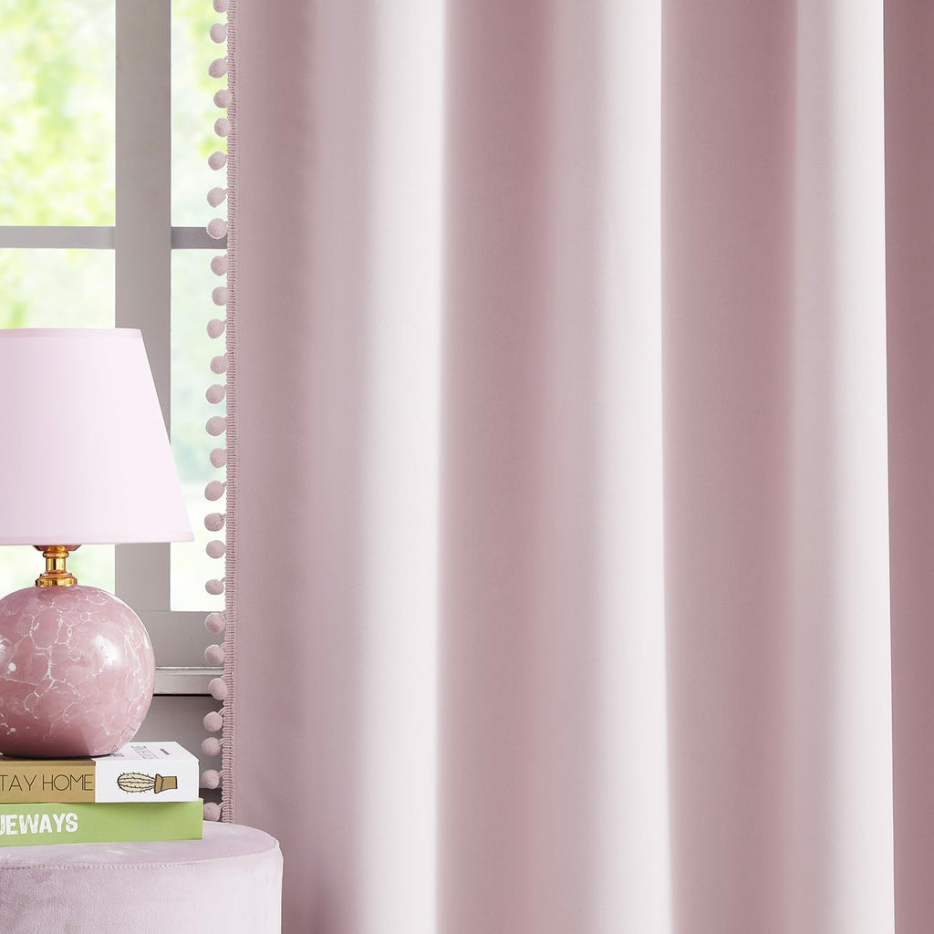 Pink Blackout-Curtains for Bedroom Pom Pom Thermal Insulated 100% Full Blackout Curtain Panels for Girls Baby Nursery Room 90 in