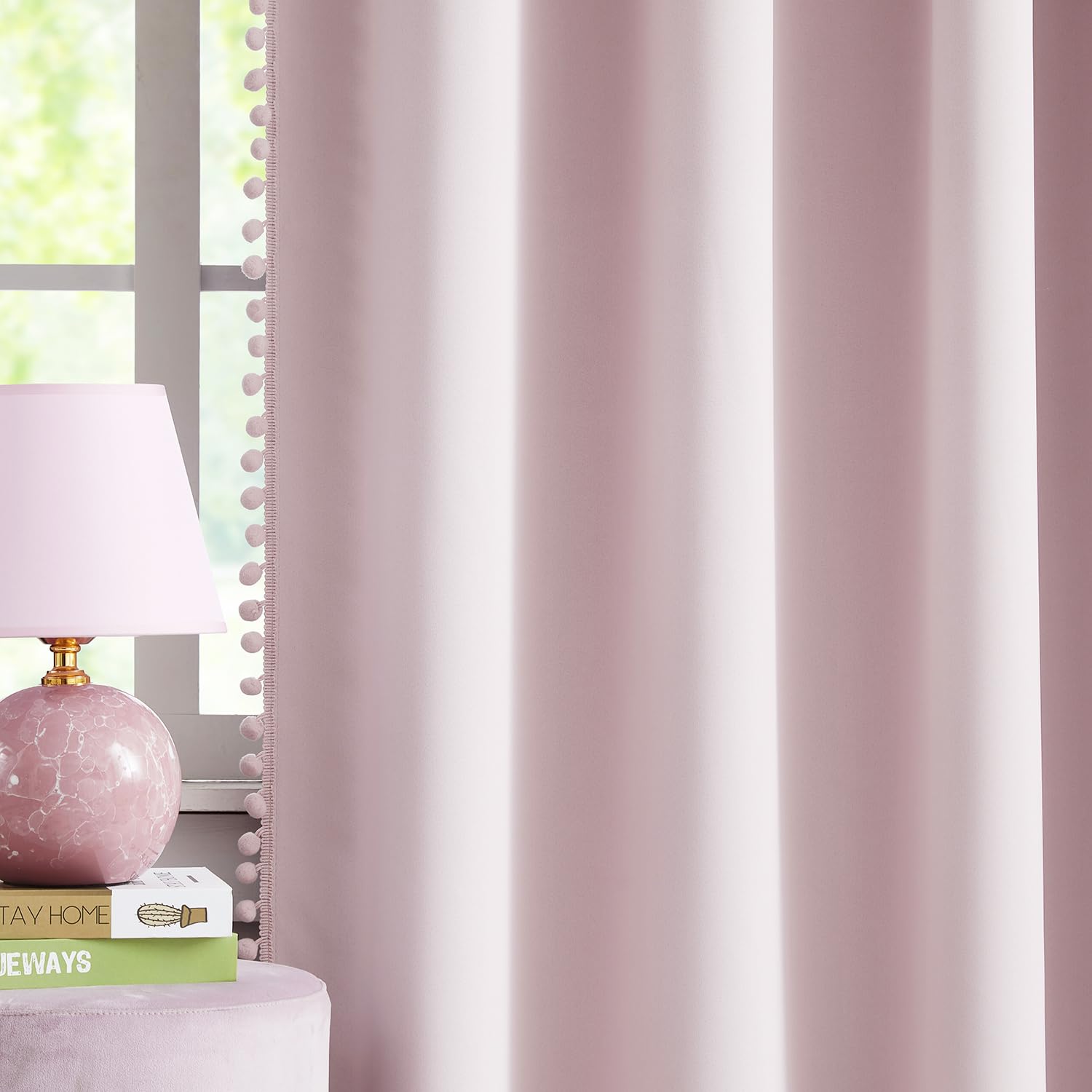 Pink Blackout-Curtains for Bedroom Pom Pom Thermal Insulated 100% Full Blackout Curtain Panels for Girls Baby Nursery Room 90 in