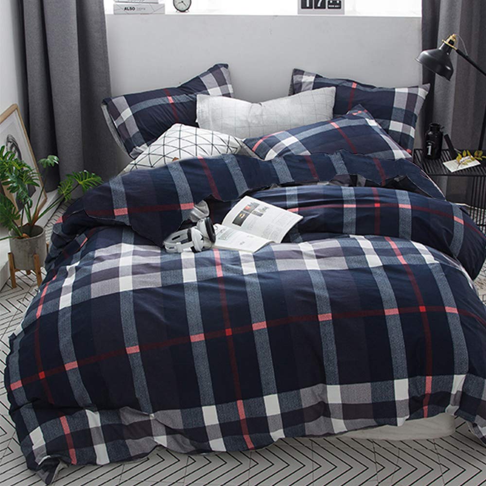 Clothknow Navy Plaid Comforter Sets Full Geometric Tartan Bedding Sets Full Men Teens Boys Bedding Blue Grid Bedding Comforter Full 3Pcs Comforter Sets For Men Women
