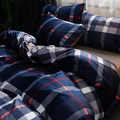Clothknow Navy Blue Plaid Comforter Set King 3Pcs Tartan Bedding Comforter Sets Geometric Comforter King Size Soft Blue Grey Red