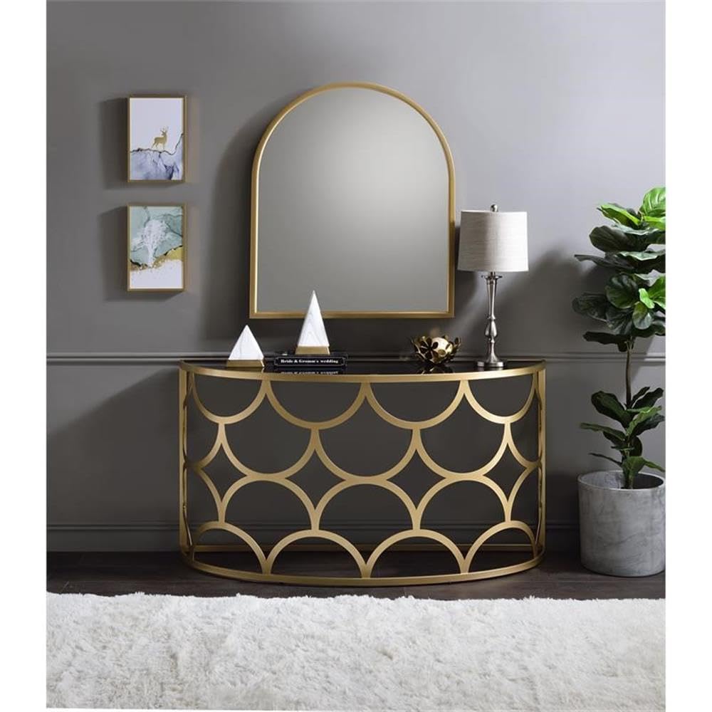 Acme Altus Half Moon Glass Top Console Table With Metal Base In Gold