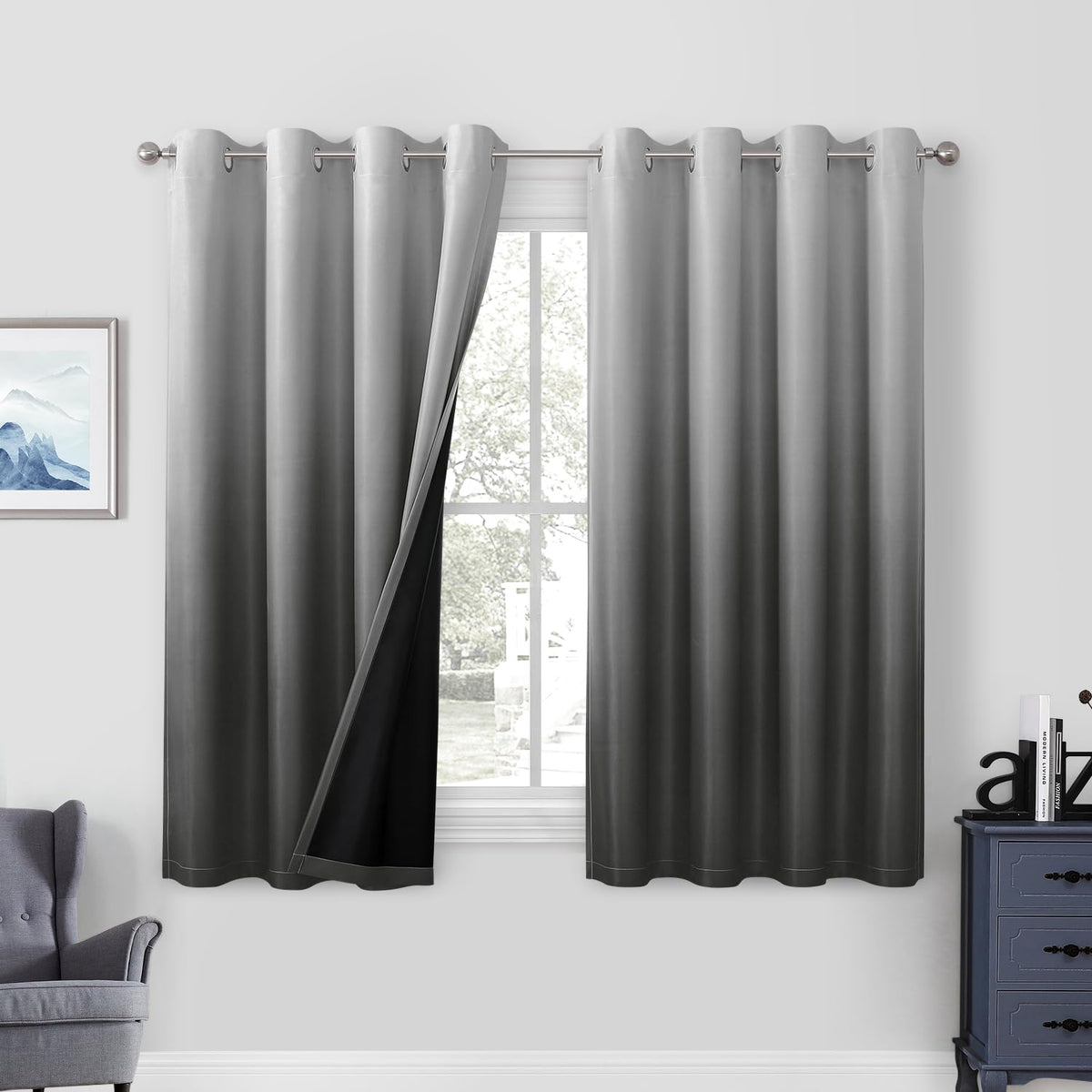 Homeideas 100% Grey/Gray Ombre Blackout Curtains For Bedroom, Room Darkening Curtains 52 X 63 Inches Long Grommet Gradient Drape