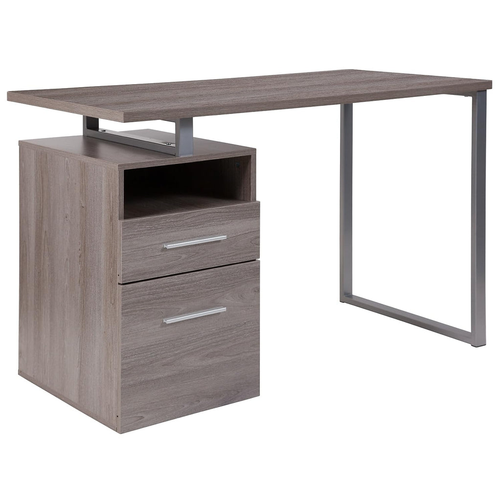 Flash Furniture Harwood Light Ash Wood Grain Finish Computer Desk With Two Drawers And Silver Metal Frame