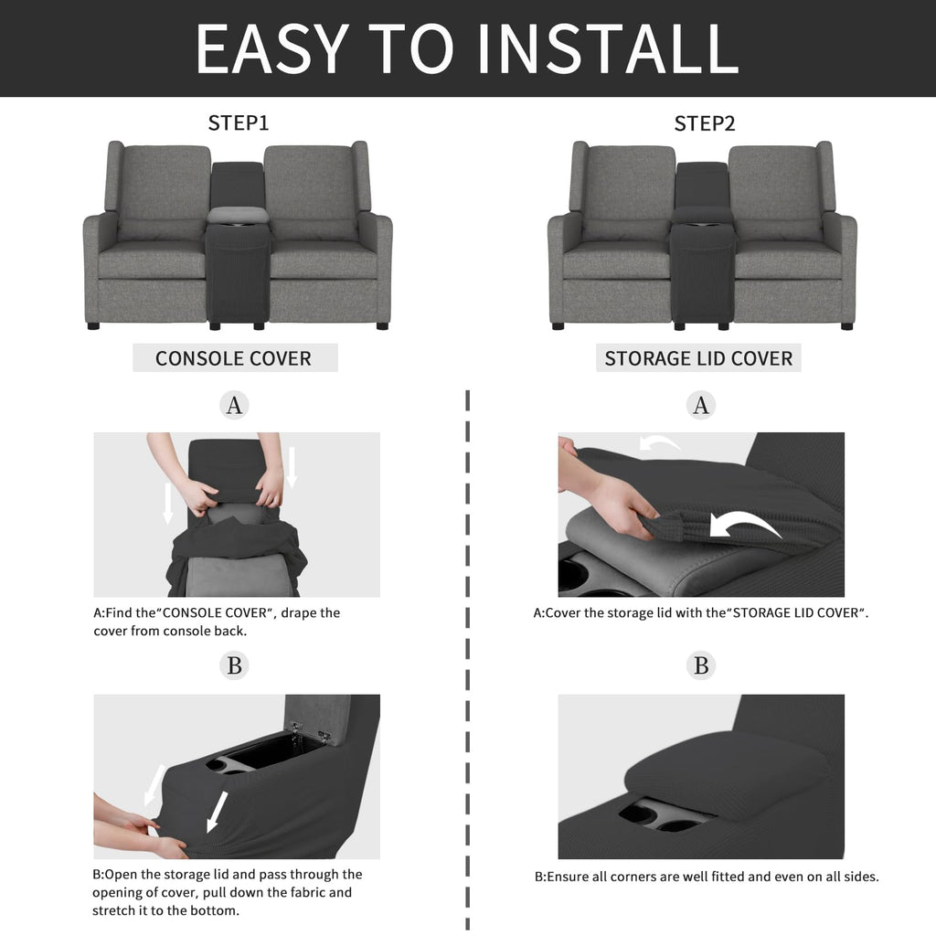 Easy-Going 2-Piece Recliner Console Cover For Reclining Loveseat Covers Stretch Jacquard Middle Console Cover For Recliner Couch And Sofa Dark Gray