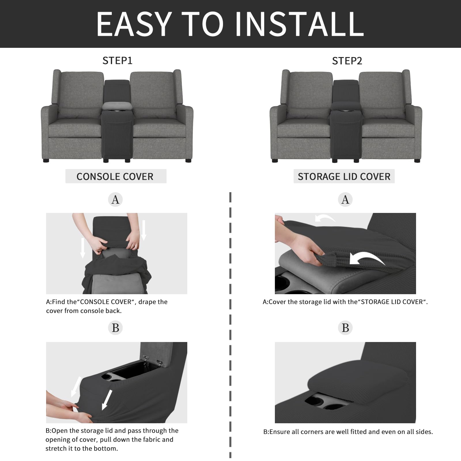 Easy-Going 2-Piece Recliner Console Cover For Reclining Loveseat Covers Stretch Jacquard Middle Console Cover For Recliner Couch And Sofa Dark Gray