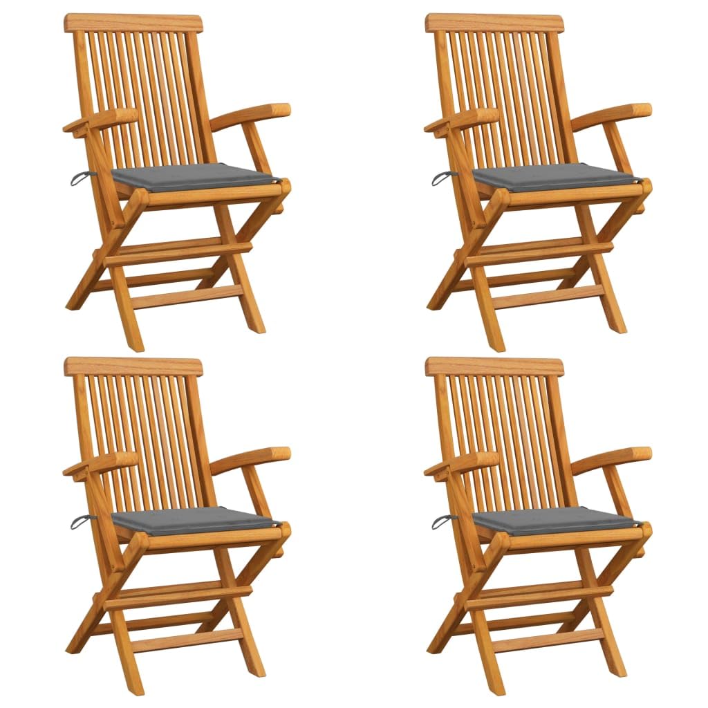 vidaXL Solid Teak Wood Patio Chair with Gray Cushions - Thumbnail 2