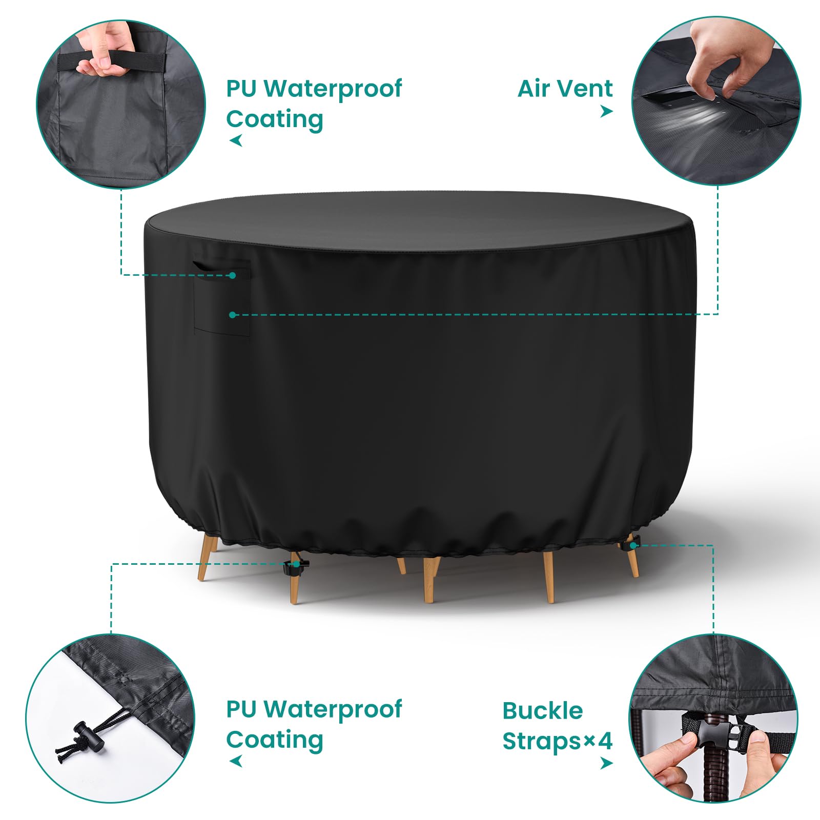 Mrrihand Round Patio Furniture Cover - Outdoor Chair Covers Waterproof Heavy Duty 600D Outdoor Table Chair Set Covers Anti-Fading Cover For Outdoor Furniture Set, 62' Diax28 H, Black