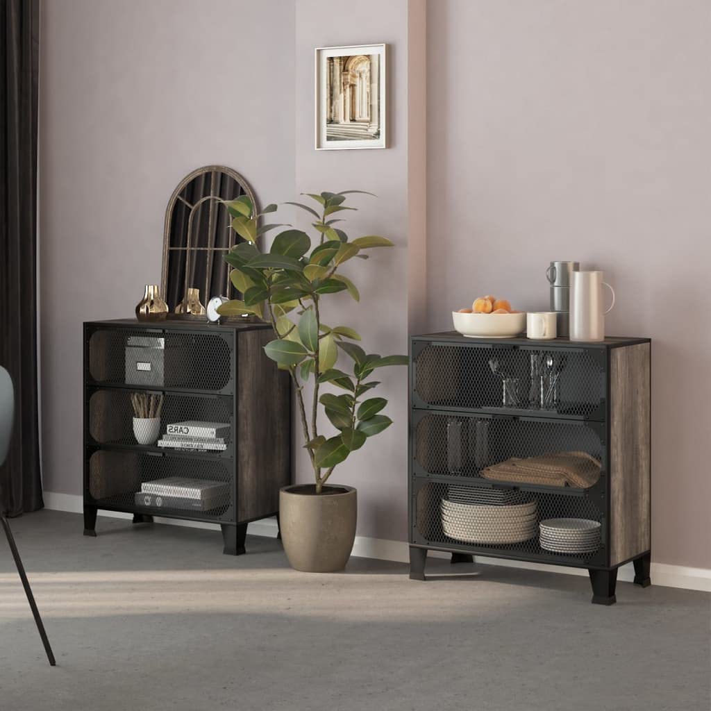 vidaXL Gray Metal and MDF Storage Cabinets - Set of 2, 3 Mesh Doors Design, Easy-to-Clean, Assembly Required, Spacious Shelving Unit