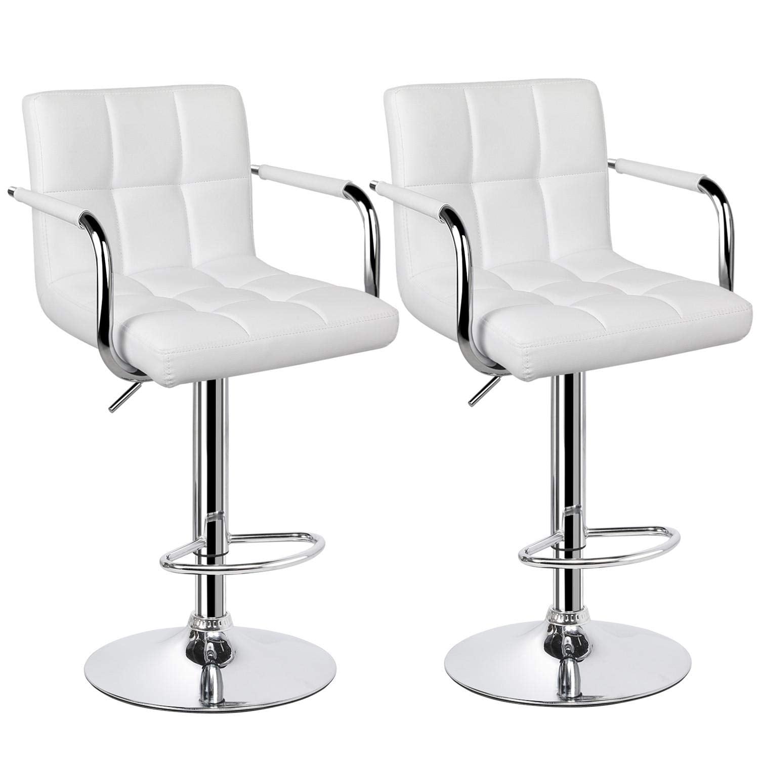 Yaheetech Bar Stools Set Of 2, Pu Leather Adjustable Swivel Barstools, Hydraulic Kitchen Counter Height Bar Chairs With Armrest And Back For Bar, Kitchen, Dining Room, White