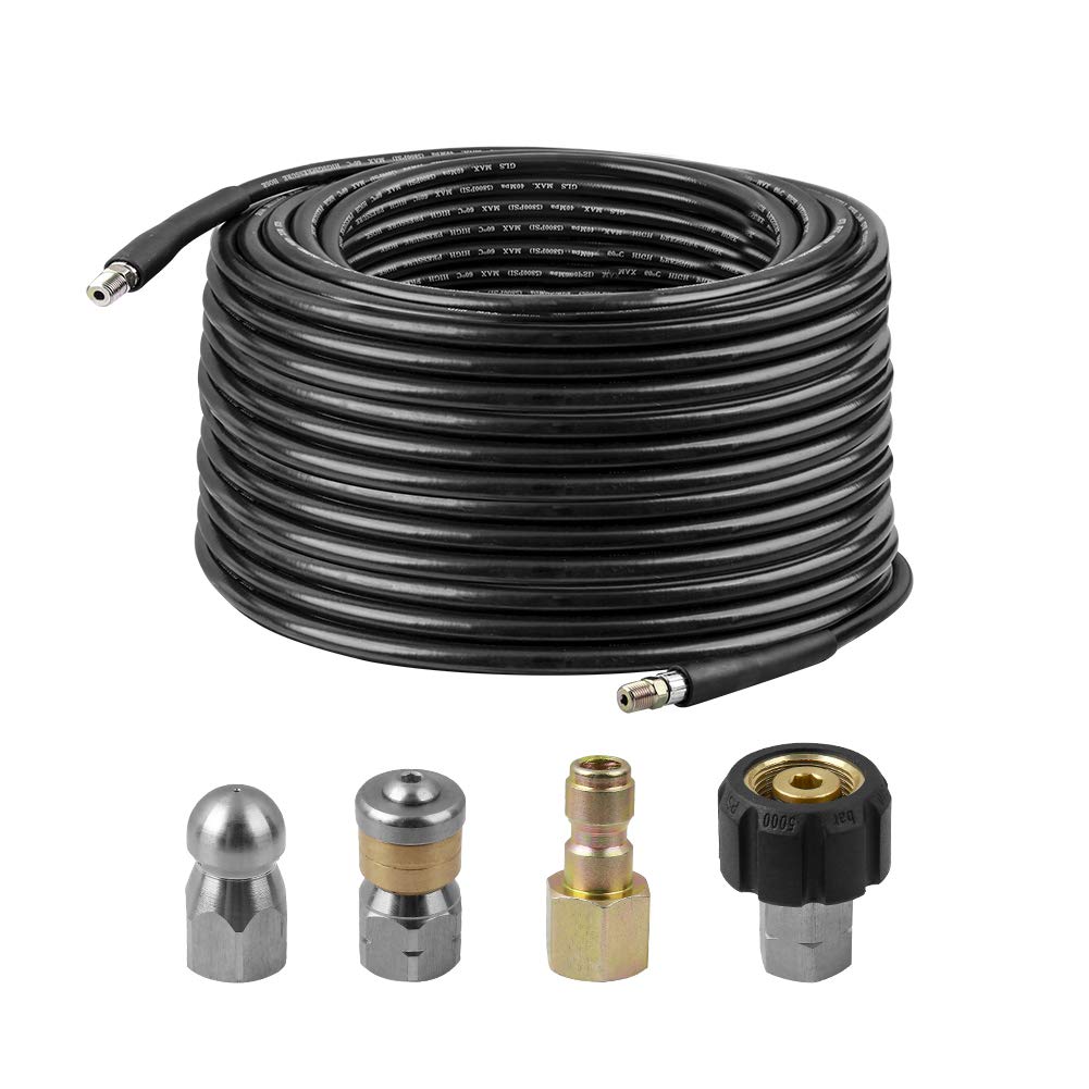 Sooprinse Sewer Jetter Kit For Pressure Washer, 100 Ft Hose, 1/4 Inch Npt, Button Nose And Rotating Sewer Jetting Nozzle, Orific